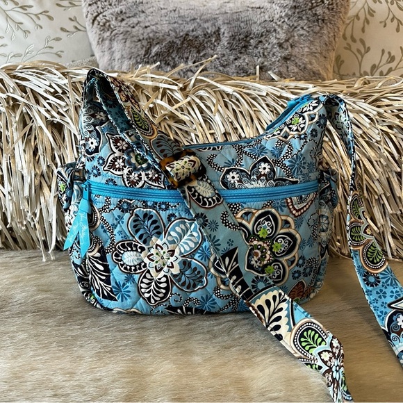 VERA BRADLEY Bali Blue 2009 On The Go Crossbody Commuter Blue Brown Zip Top - Picture 5 of 14